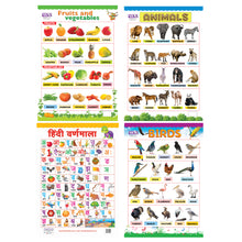Load image into Gallery viewer, Fruit &amp; Vegetables, Animals, Hindi Varnmala and Birds Educational wall Charts for Kids
