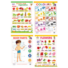 Load image into Gallery viewer, Fruits &amp; Vegetables, Colours, Body Parts and Flowers Educational wall Charts for Kids
