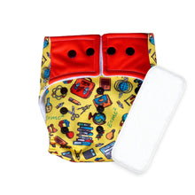 Load image into Gallery viewer, Purple Turtle Washable and Reusable Cloth Diaper with Inserts : Orange &amp; Multicolour Cool Everyday Elements Pattern
